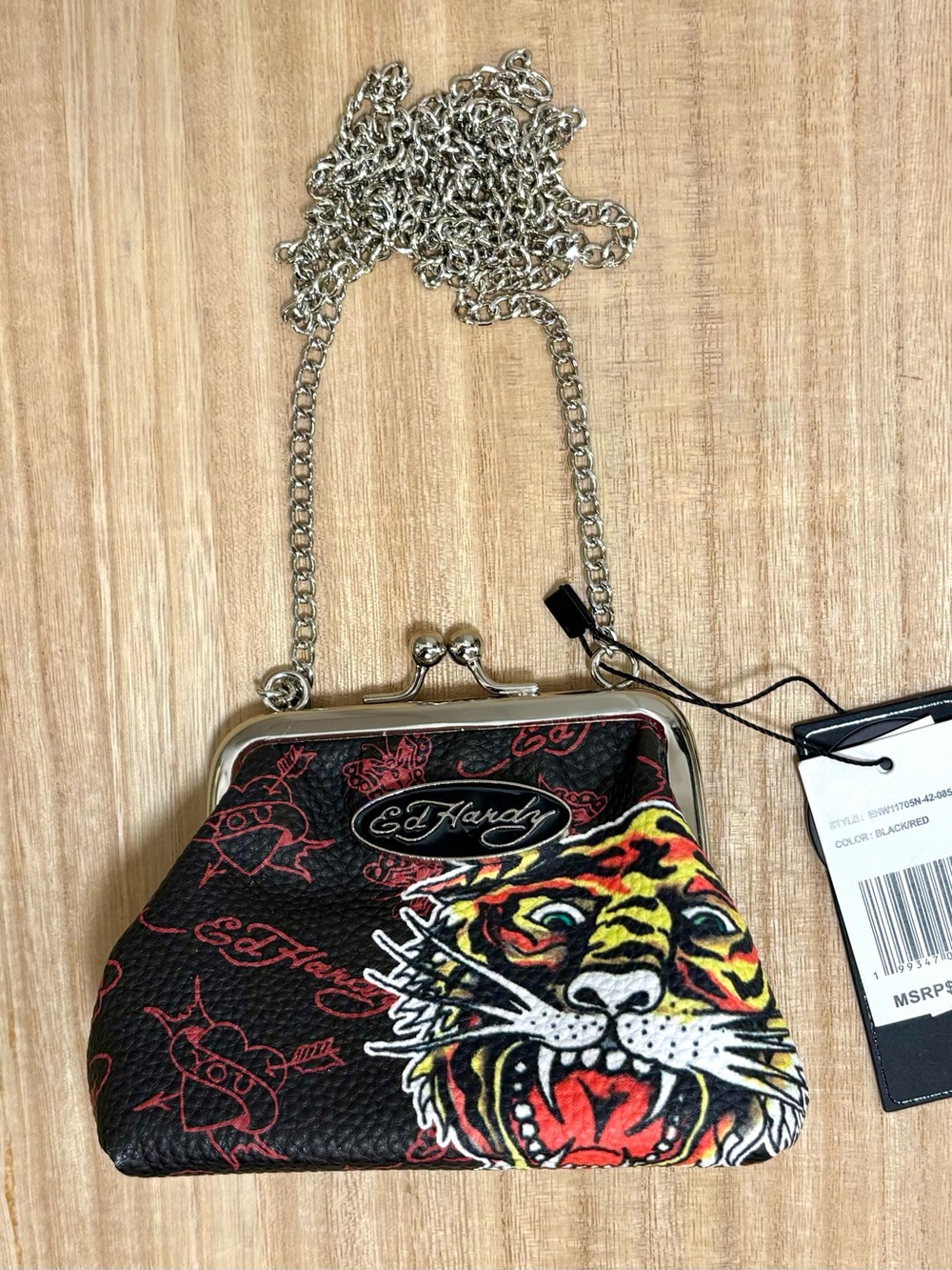 Ed Hardy Black Tiger Print Chain Clasp Wallet Shoulder Bag